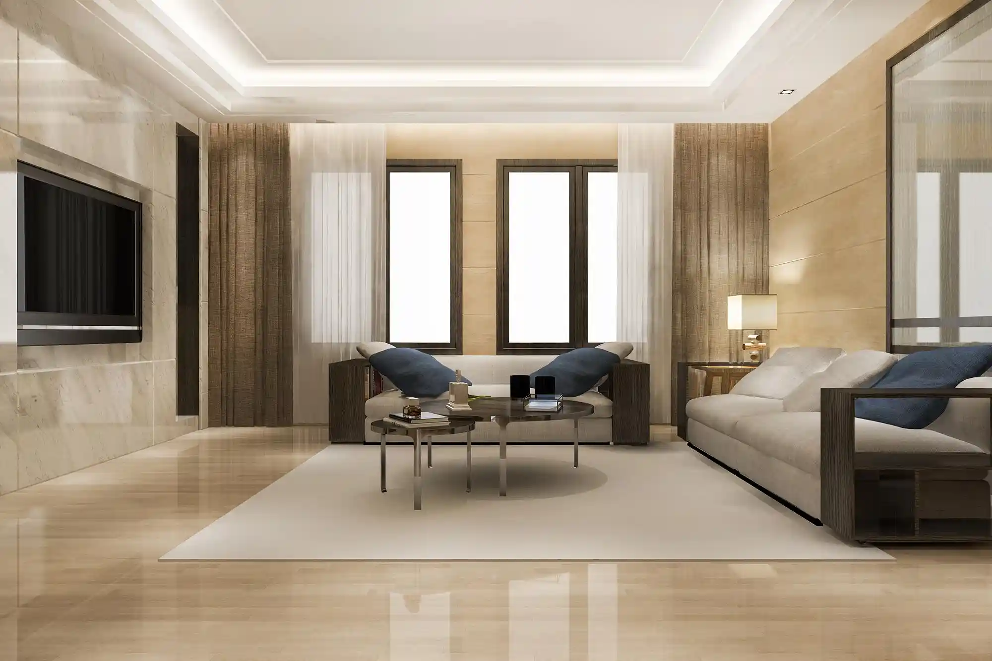 Elegant wooden false ceiling with pendant lighting