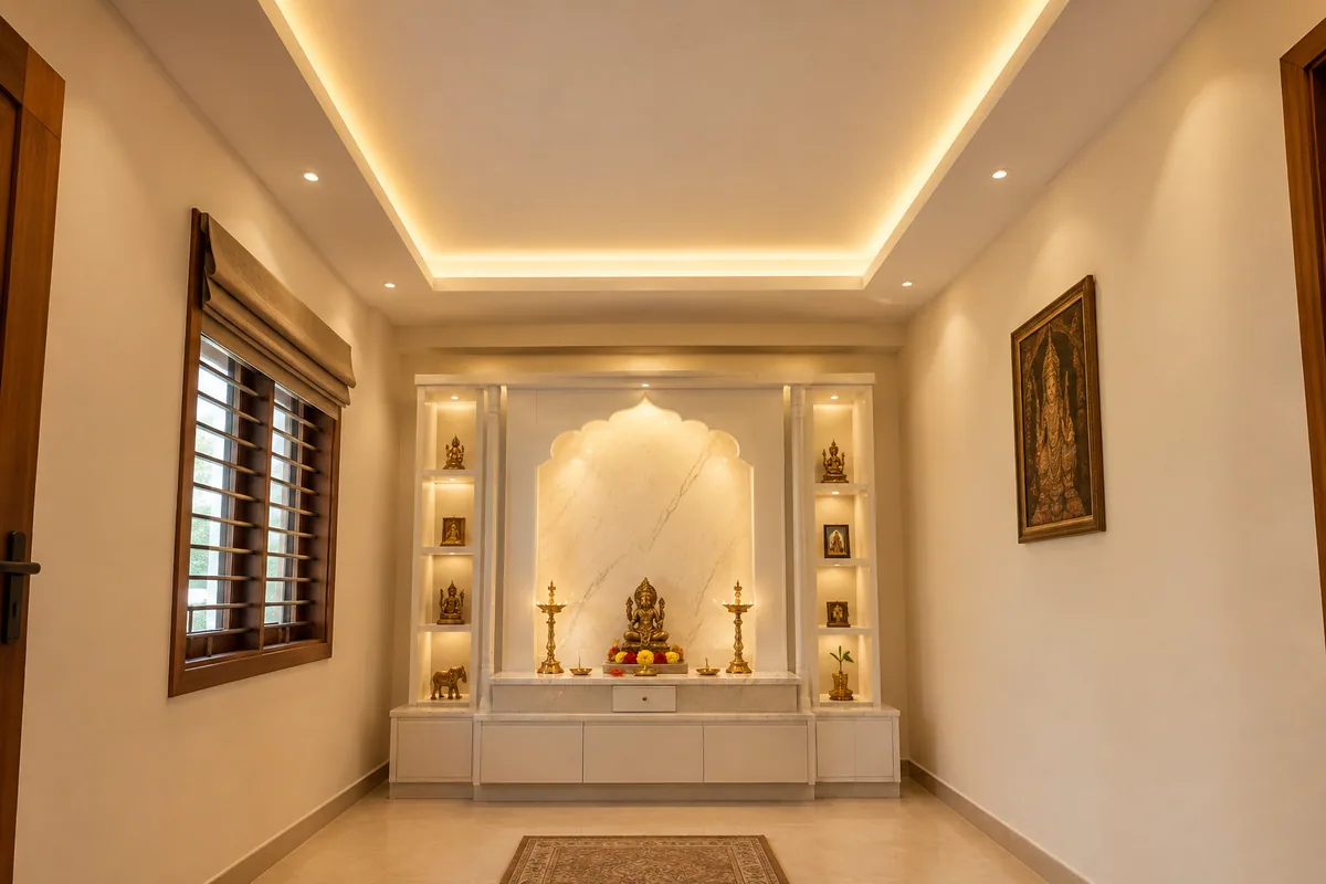 gypsum pooja room ceiling with warm cove lighting