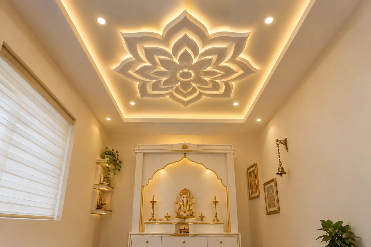lotus pattern gypsum false ceiling with warm edge lighting above a white and gold mandir