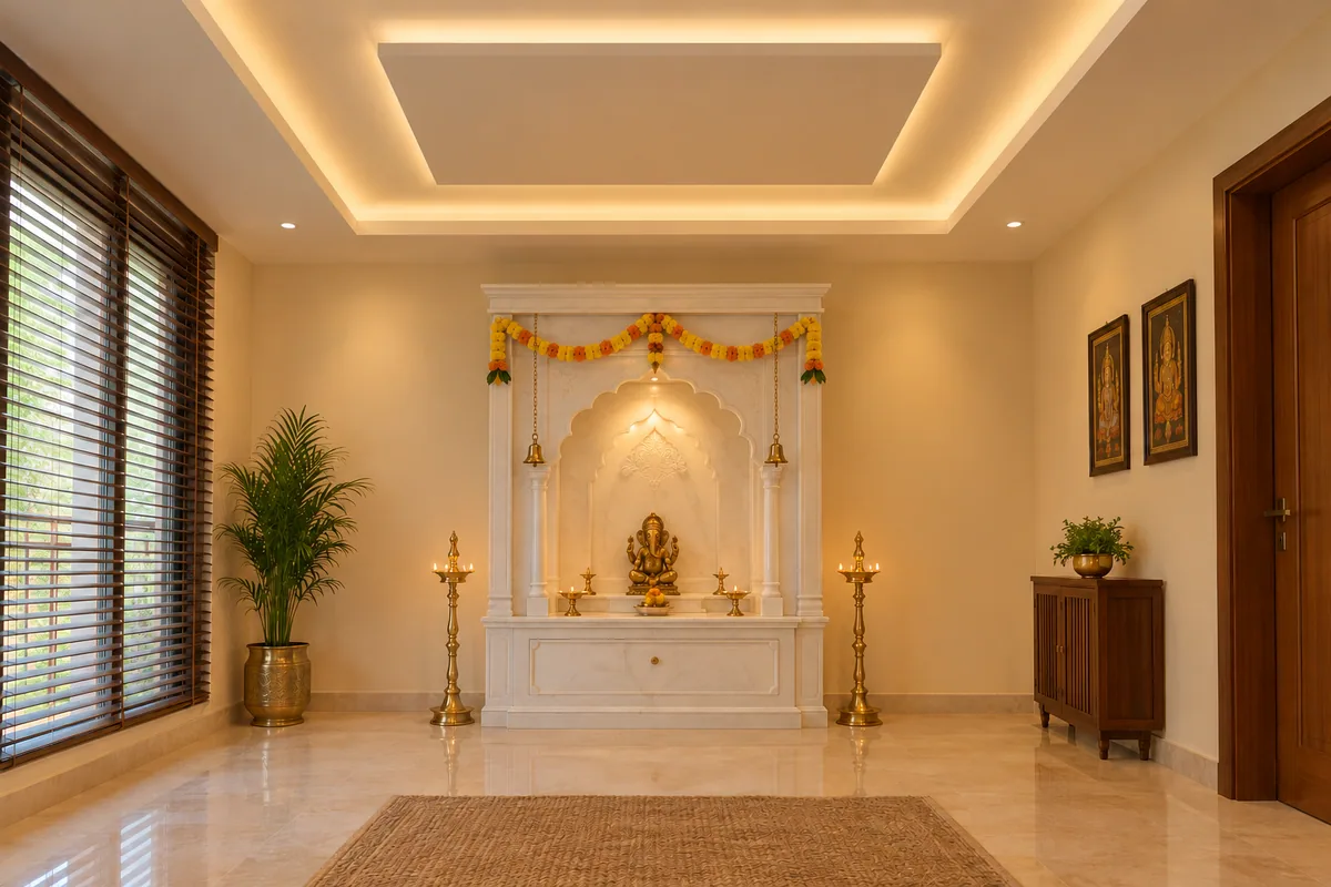 layered gypsum false ceiling with hidden warm lighting above a white marble mandir